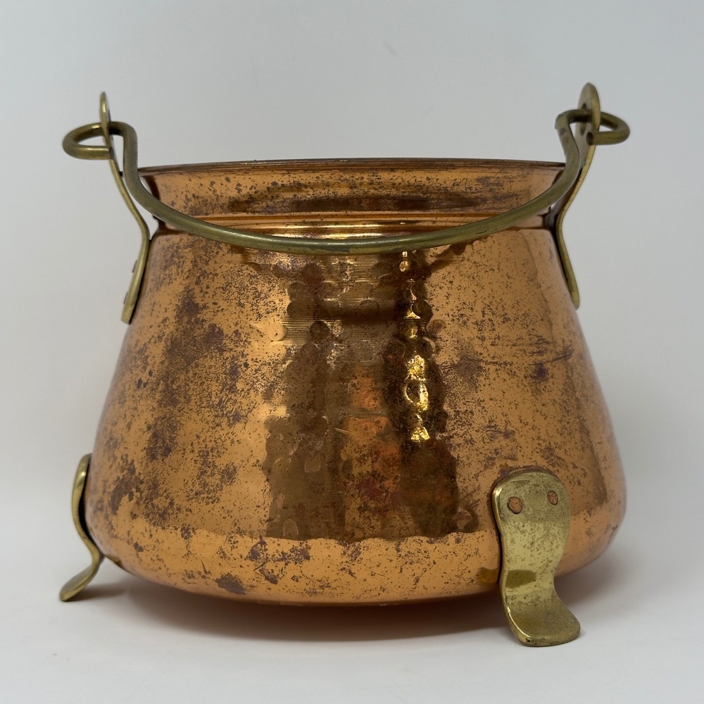 Vintage Hammered Copper & Brass Footed Cauldron Pot with Handle